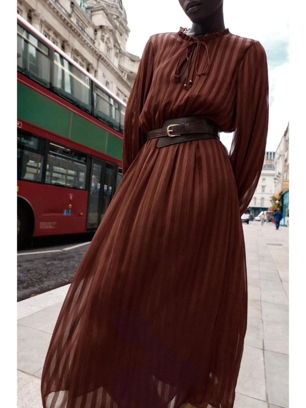 Zara Women Belted Midi Dress Medium Brick Ruffle Collar Puff Sleeve 4387/231 NWT - Picture 1 of 15